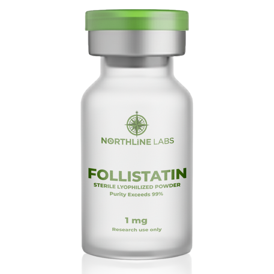 Vial labeled 'Follistatin' from Northline Labs on a white background