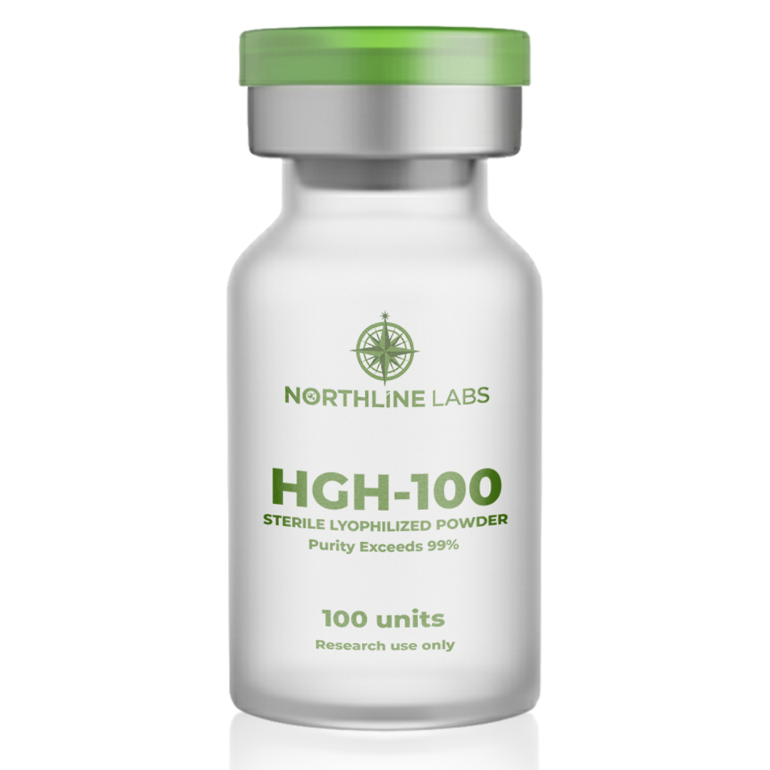 Vial labeled 'HGH-100' by Northline Labs on a white background