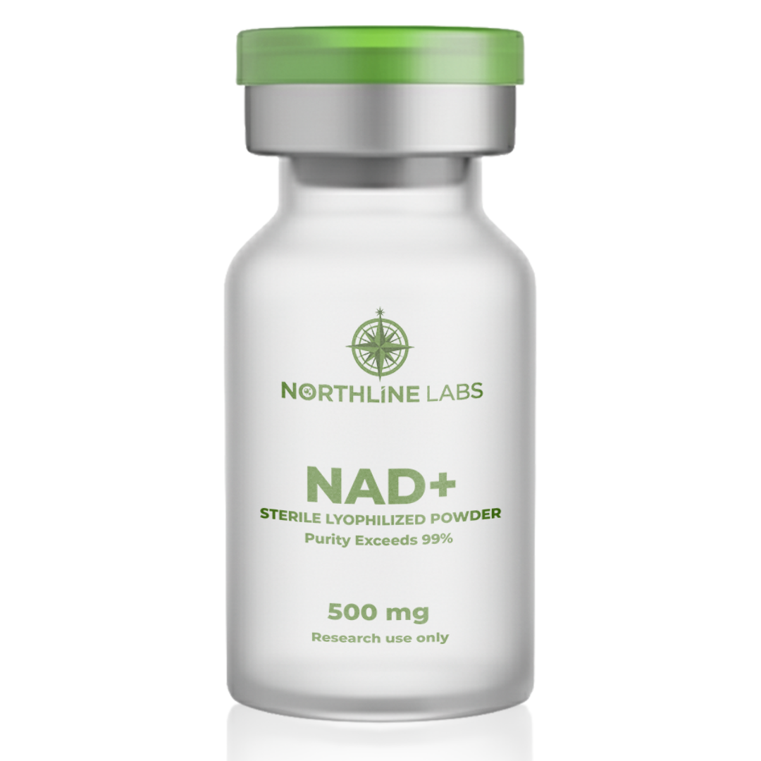 Vial labeled 'NAD+ Sterile Lyophilized Powder' by Northline Labs on a white background